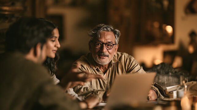 Family Business multigenerational South Asian family business meeting, elderly patriarch founder sitting at head of table with pride, son and daughter as second generation managers presenting 