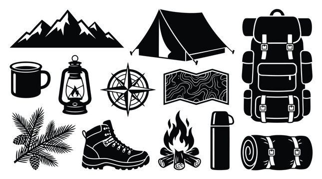 Camping icons set in black silhouette style, outdoor adventure equipment collection, hiking gear and wilderness survival vector elements for travel branding