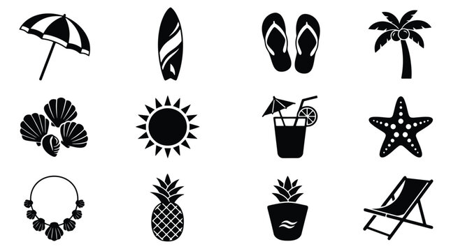 Summer beach icons set, 12 black silhouette vacation elements, tropical holiday vector symbols for travel branding and seasonal design