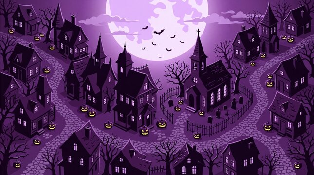 Isometric spooky village at night with haunted houses and glowing pumpkins.