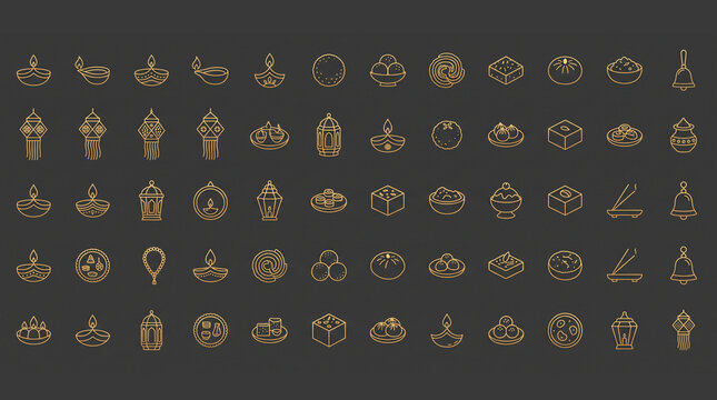 Large collection of gold Diwali icons on dark charcoal background.