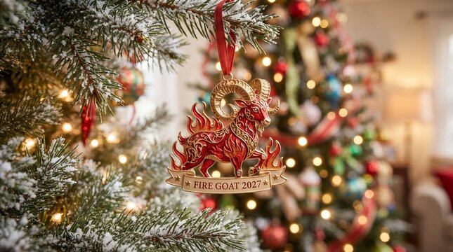 Red enamel fire goat 2027 ornament hanging on evergreen branch with red ribbon, warm bokeh lights, Chinese zodiac symbol holiday decoration
