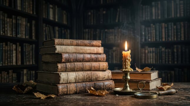 Atmospheric Still Life of Stacked Old Books with Lit Candle and Autumn Leaves in a Dark Library
