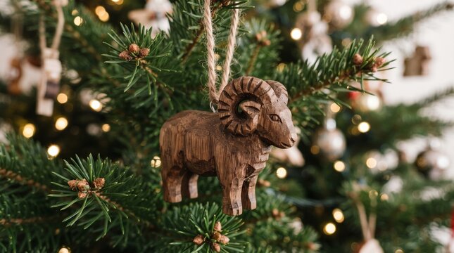 Wooden ram ornament with carved curved horns, handcrafted traditional appearance, hanging on green fir branch, Chinese zodiac symbol 2027