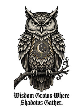 Mysterious owl illustration featuring intricate engraved details, antique-inspired textures, and a dark gothic fantasy mood for apparel and decorative artwork.