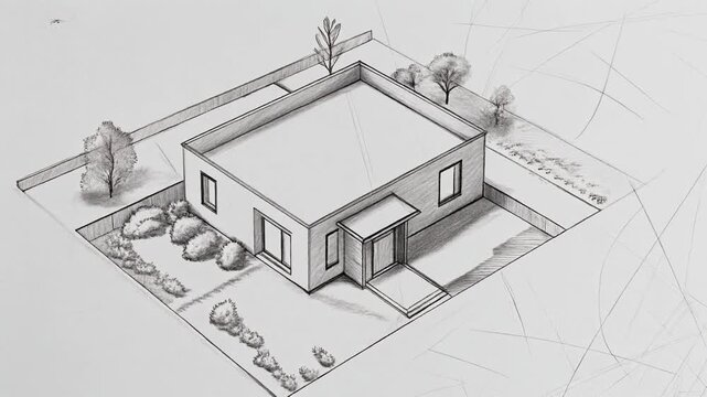 白い紙に鉛筆と淡い墨線で二階建て住宅と敷地や植栽を繊細に描いた上品な建築スケッチ