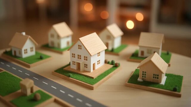 芝を模した台座と庭を備えた複数の小型住宅模型が暖かな室内のテーブル上に並ぶ