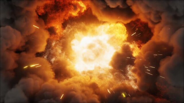 白く輝く爆発の中心から橙色と赤色の火炎や煙や火花が四方へ激しく噴き広がる瞬間