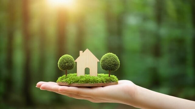 緑の森を背に伸ばした手のひらが苔の土台と木製住宅模型と丸い樹木を優しく支える