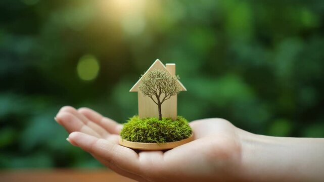 森を背景に差し出された手のひらへ苔の土台と小さな木の家と樹木の模型が載る