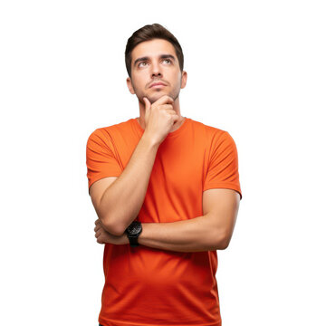Thoughtful man with hands on chin isolated on white background
