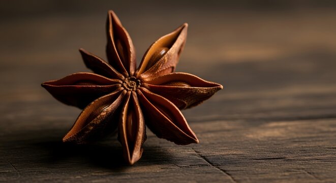 A single dried star anise spice pod resting on a rustic dark wooden textured background surface