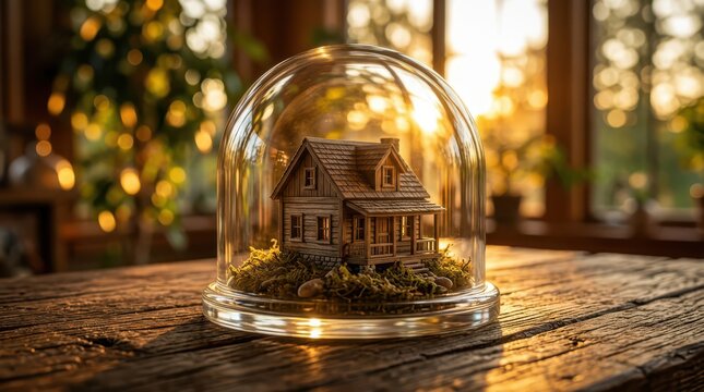 Miniature Wooden House Model Under Glass Dome on Rustic Table with Warm Golden Sunlight Indoors