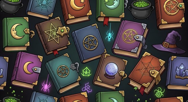 Seamless pattern with magic spell books and witch accessories on a dark background for fantasy design projects