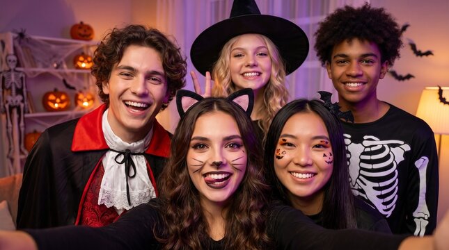 Happy diverse group of young adults taking a fun selfie at an indoor Halloween house party. Cheerful multiethnic friends in vampire, cat, witch, and skeleton costumes posing together in a cozy decorat