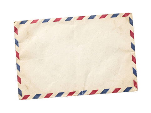 Blank Vintage Airmail Envelope With Red and Blue Diagonal Border Stripes on Aged Cream Paper With Soft Creases, Mockup