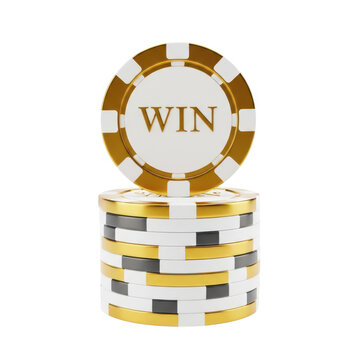 Win poker chip stack with golden trophy top isolated on white background