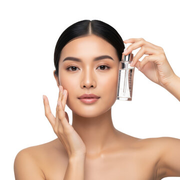 Woman applying skincare mist to face isolated on white background