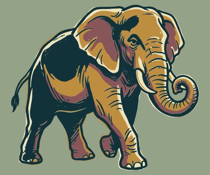 Vintage Hand Drawn Elephant Illustration Walking with Trunk Curled