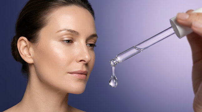 Facial skin serum, applying hydrating essence from glass pipette dropper with liquid drop, middle aged woman with glowing healthy complexion, soft purple studio backdrop, beauty marketing campaign