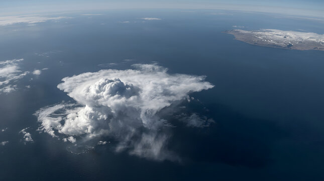 Storm cloud formation, aerial view of swirling white cumulus cyclone over sea, distant arctic island with snow and deep blue water shadows, high altitude stratosphere horizon, environmental media.