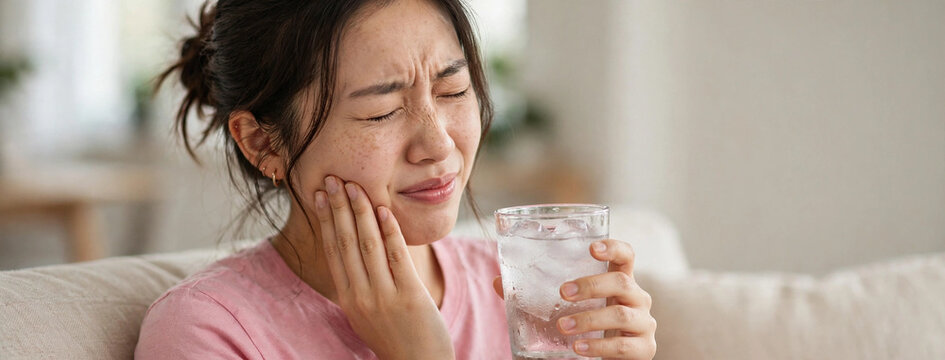 Woman with tooth sensitivity pain touching cheek holding cold water