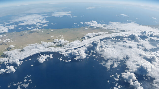 Planet Earth view, white clouds drifting over blue ocean and green land, planetary horizon perspective, atmospheric layers seen from orbit, high resolution cinematic shot for education and news.