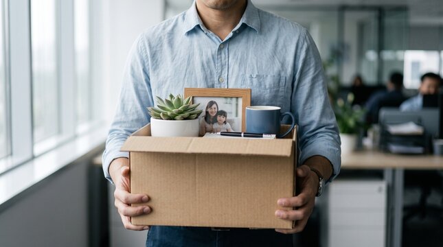 Close-up of unemployed man carrying cardboard box with personal belongings leaving office after layoff and job loss in economic recession