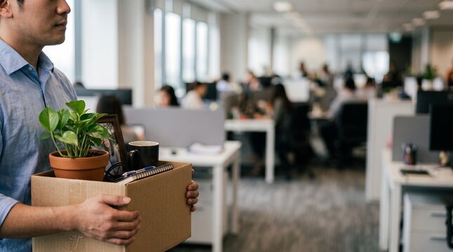 Close-up of unemployed man carrying cardboard box with personal belongings leaving office after layoff and job loss in economic recession