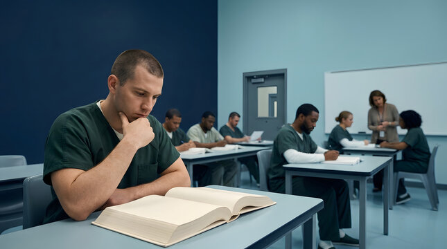 Incarcerated men learning, focused male inmate reading book at desk, group of diverse prisoners in classroom with female teacher, prison reform social justice and education rehabilitation visuals.
