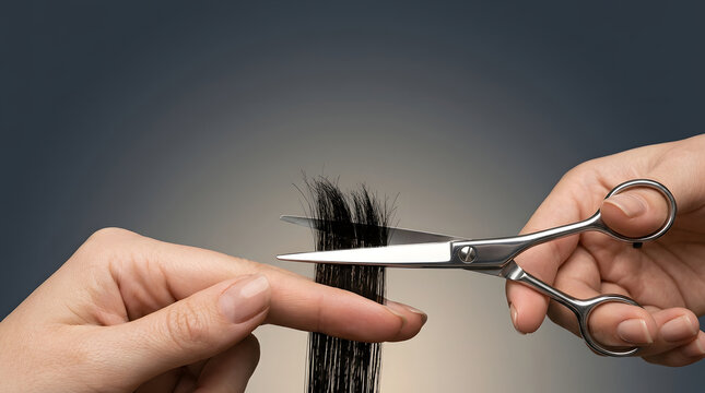 Professional hair cutting, stylist hands trimming dark lock with sharp professional stainless steel scissors, salon equipment macro close up, neutral studio gradient background, marketing branding.