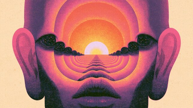 Growth mindset concept art showing surreal face with concentric vision tunnel, glowing sun, and layered lips in psychedelic colors