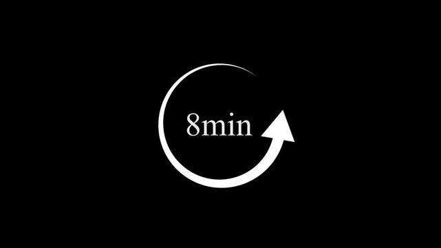 White 8 minute countdown timer with rotating arrow on black background 4k motion video