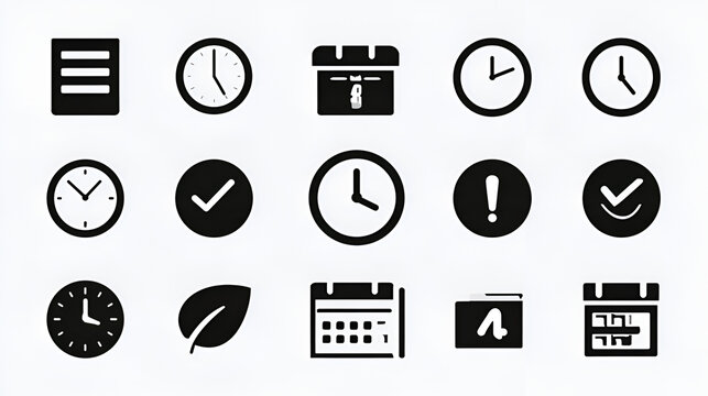 Time icon collection featuring timesheet, work time, time management, leave and schedule symbols. Solid vector icons. Stock Vector