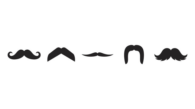 Vintage mustache icon set with 5 black vector silhouettes, retro facial hair styles for barbershop branding, masculine grooming design elements