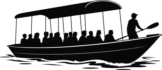 Black silhouette of a covered tourist excursion boat carrying passengers with a guide paddling on the water © MDFARIDUR