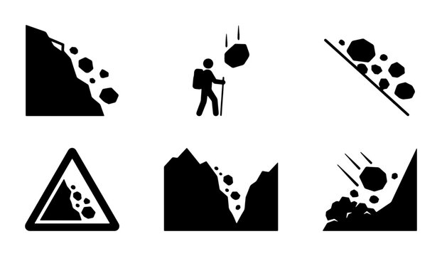 Avalanche and Rockfall Icons, Mountain Hazard Symbols, Danger Warning Signs, Vector Set