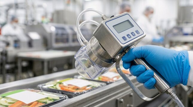 A technician's gloved hand holds a specialized digital handheld headspace gas analyzer over sealed plastic food containers moving along a conveyor belt.