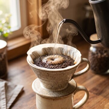 Pour over filter coffee being brewed with hot water streaming from a kettle into ceramic dripper