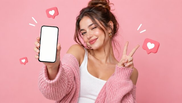 winking young woman holding smartphone with blank screen and showing peace sign against pink background with social media heart icons