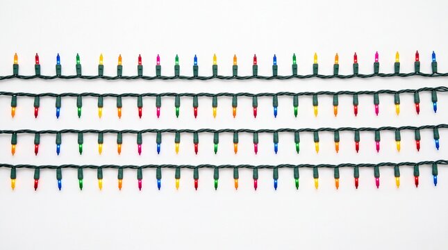 Colorful decorative holiday string lights arranged in parallel lines for festive party decor on white background