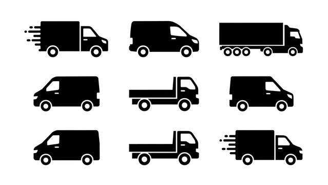 A comprehensive collection of diverse delivery vehicle icons featuring various commercial trucks and logistics vans for professional transport design projects