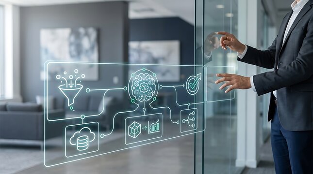 Businessman interacting with futuristic artificial intelligence data flow transparent screen interface in corporate office, featuring big data funnel filtering, neural network brain processing, cloud 