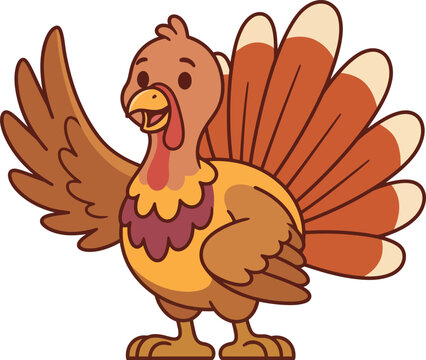 A cute cartoon illustration of a happy thanksgiving turkey waving hello to celebrate the festive autumn harvest holiday season