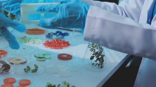 Team Asian scientists in a lab conducting food research using a microscope and lab equipment, showcasing innovation in food science and biotechnology