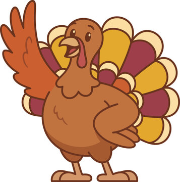 A cute cartoon illustration of a happy thanksgiving turkey waving hello isolated on a clean white background design