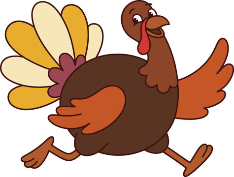A cute cartoon illustration of a happy thanksgiving turkey running away to celebrate the festive autumn holiday season