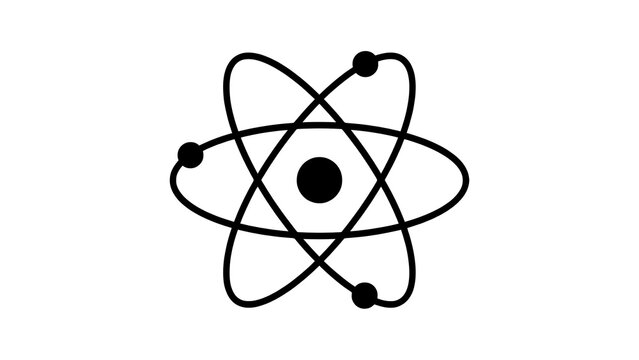 A minimalist black atomic structure symbol featuring central nucleus and orbiting electrons for scientific and educational digital design