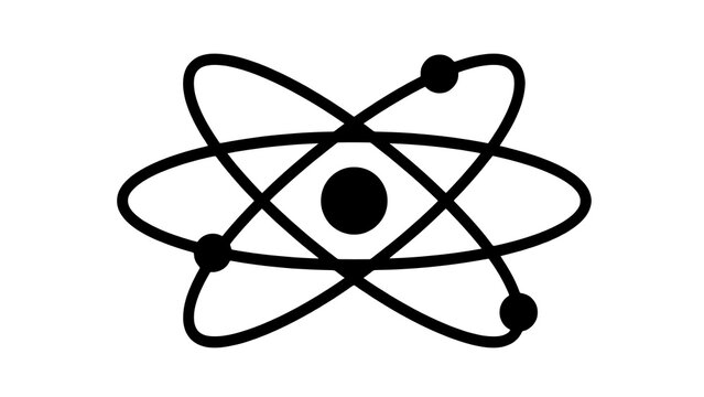 A minimalist black and white atomic structure icon representing scientific research innovation education physics chemistry and molecular study