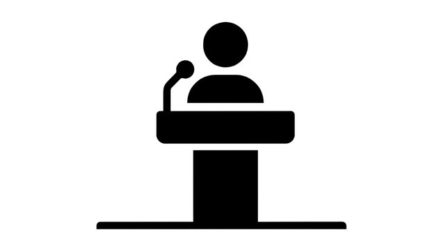 A minimalist flat icon representing a person standing at a lectern with a microphone for public speaking or professional presentation settings